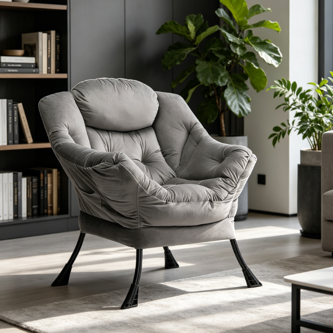 Dark Grey Velvet Leisure Armchair with Steel Frame and Armrests
