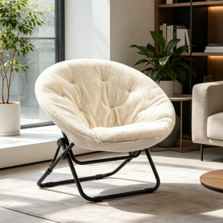 Beige Plush Folding Leisure Chair, Round Saucer Seat with Metal Frame