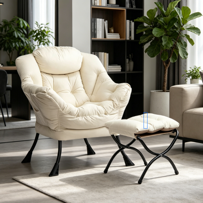 Beige Velvet Leisure Armchair with Footstool and Steel Frame